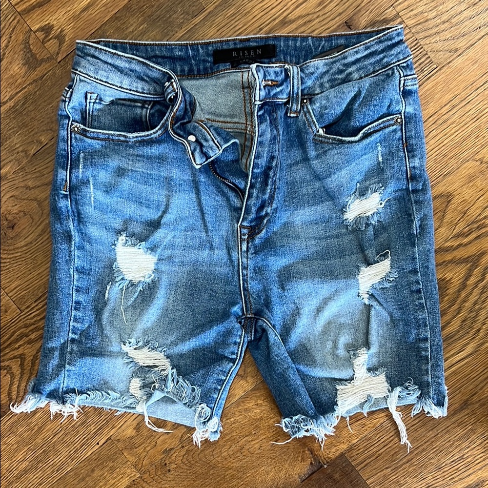 Distressed Risen Blue Denim Shorts